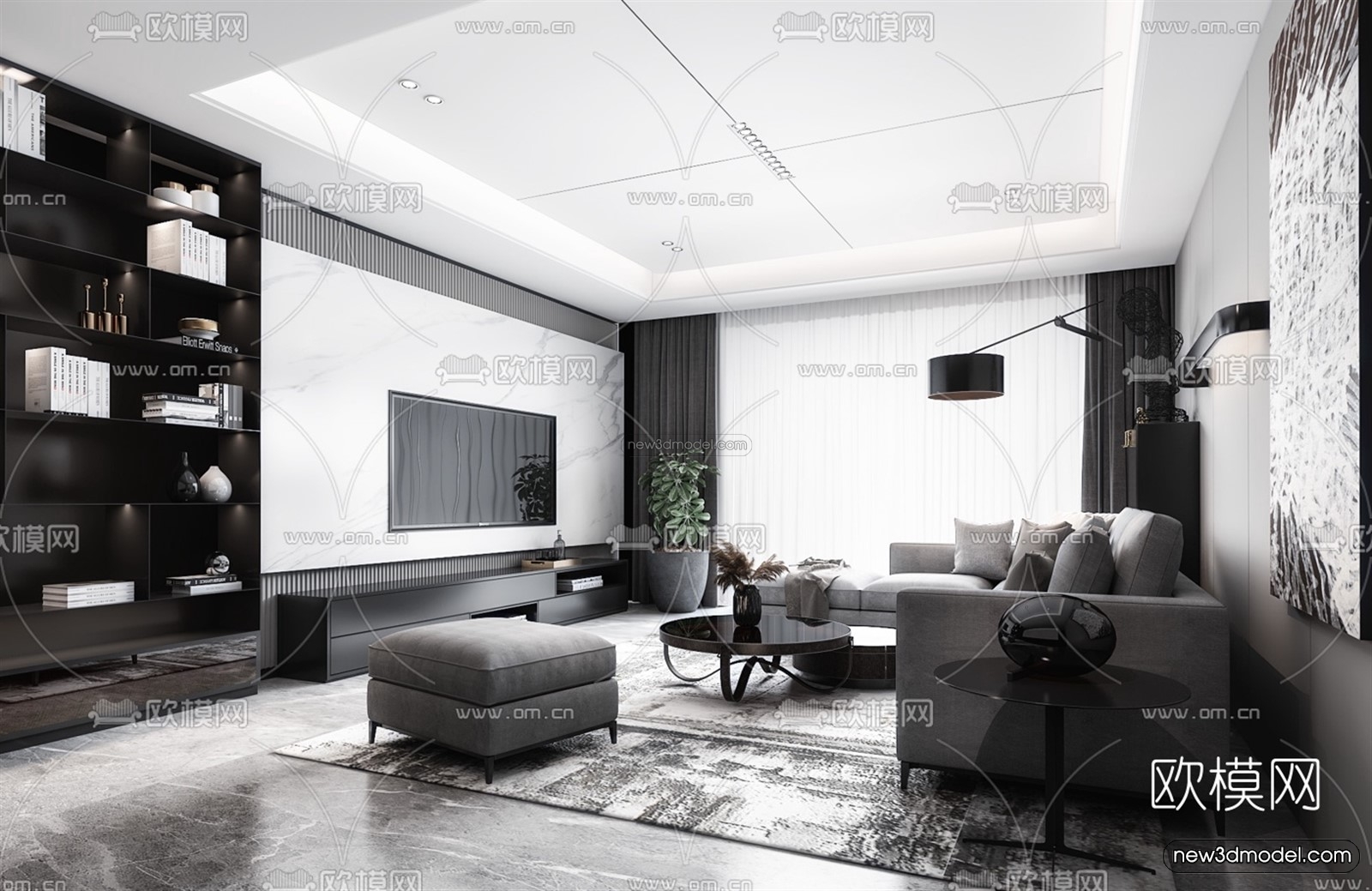 Black – White – Gray Colors Interior 3D Blocks – Living Room 3D Scene – 132 – VRAY - thumbnail 3