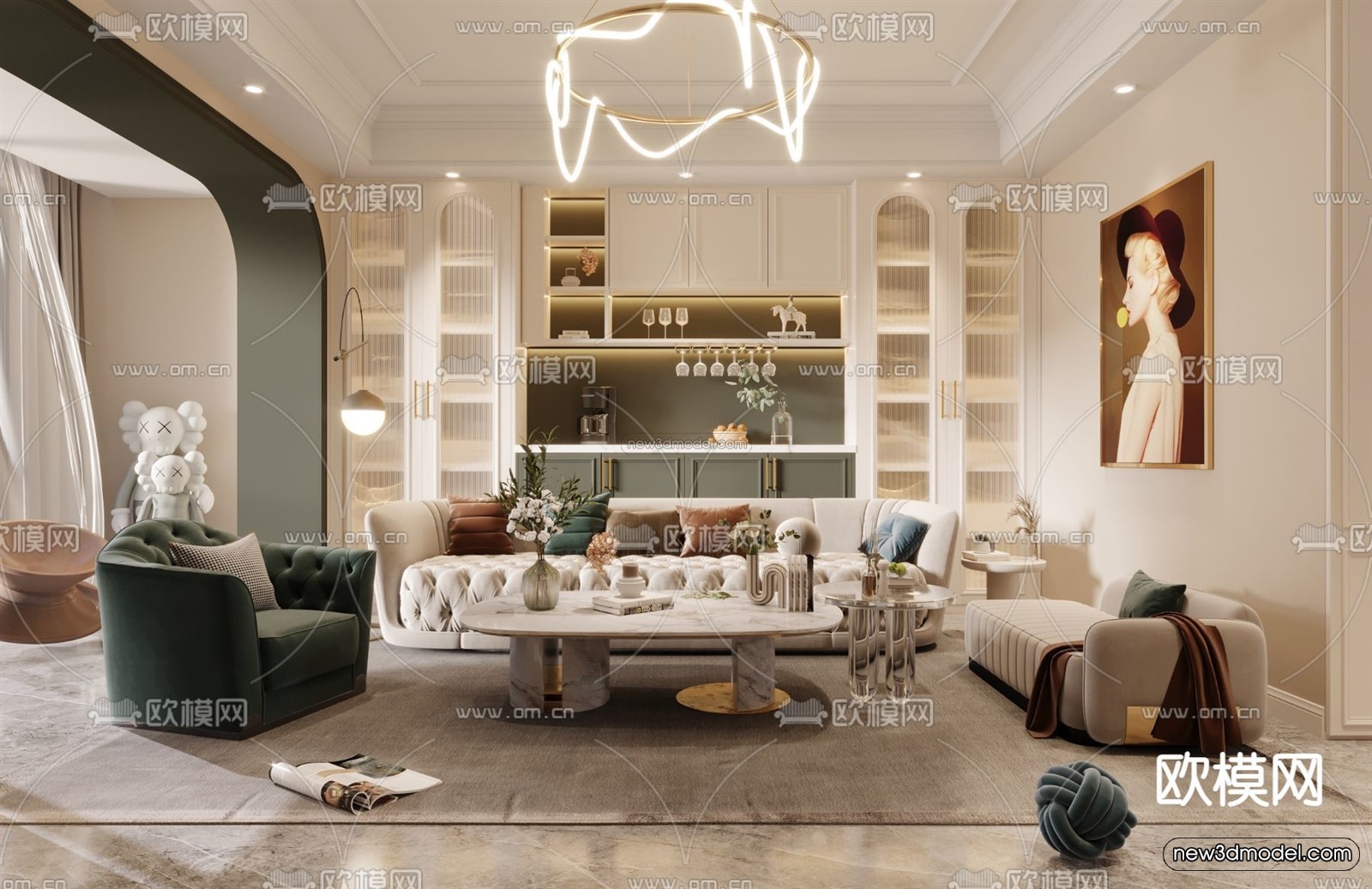 Cream Style Interior 3D Blocks – Living Room 3D Model – 021 – VRAY - thumbnail 2