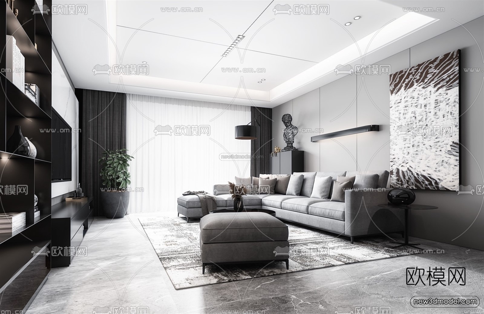 Black – White – Gray Colors Interior 3D Blocks – Living Room 3D Scene – 132 – VRAY - thumbnail 2