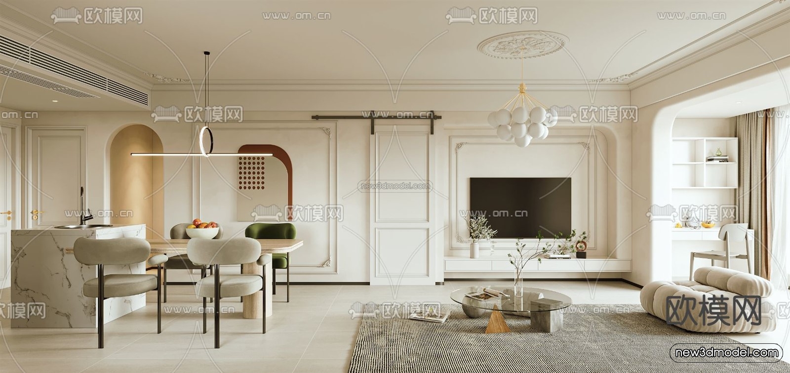 Cream Style Interior 3D Blocks – Living Room 3D Model – 020 – VRAY - thumbnail 2