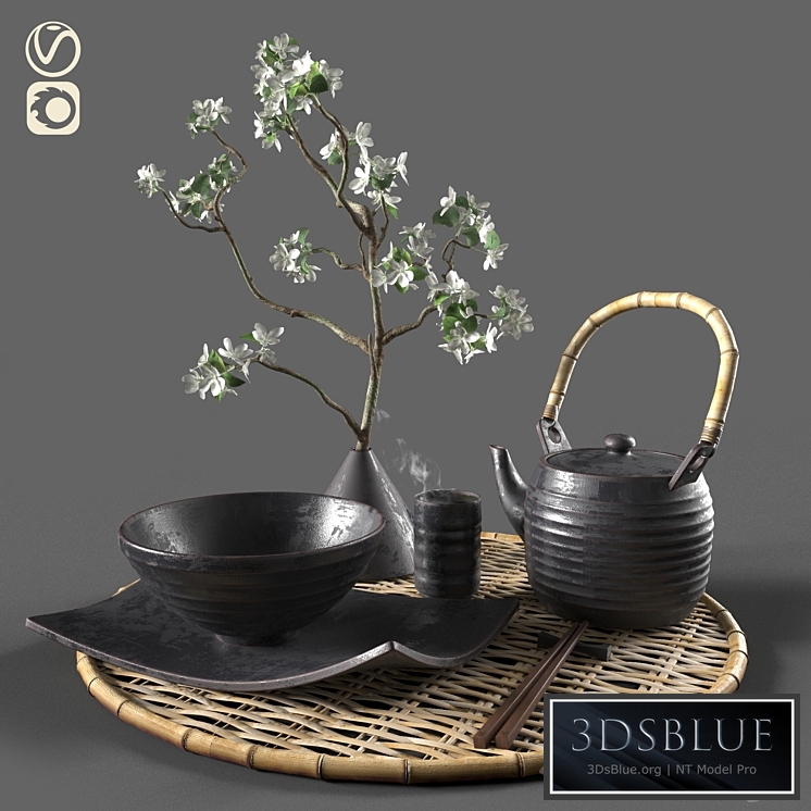 Eastern tableware with flowers 3DS Max - thumbnail 3