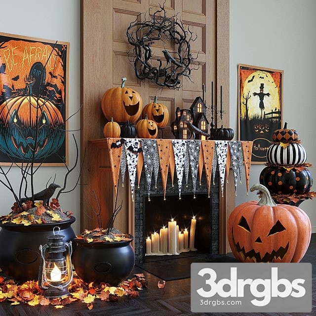 Fireplace With Halloween Decor 3dsmax Download - thumbnail 1