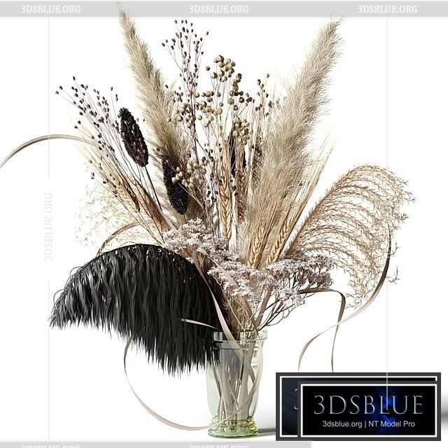 Bouquet of dried flowers with a black feather in a glass vase 3DS Max - thumbnail 3