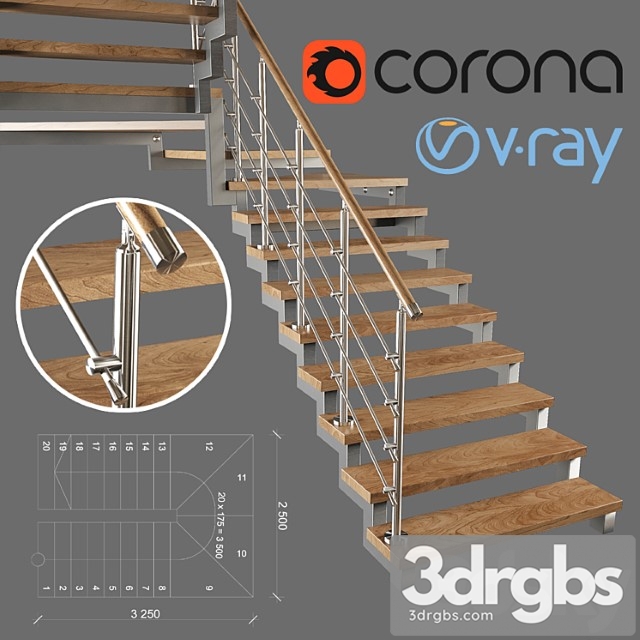 A modern two-march staircase with running steps 3dsmax Download - thumbnail 1