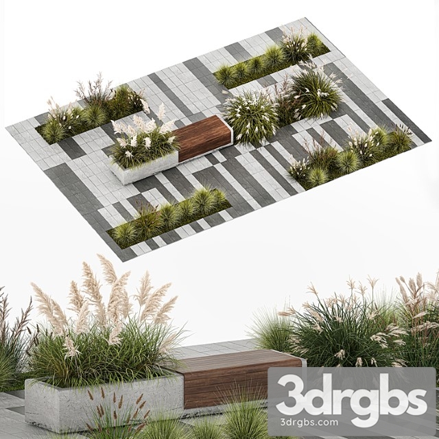Flower bed with feather grass bushes miscanthus cortaderia and white pampas grass bench and bench paving slabs. 1147. 3dsmax Download - thumbnail 1