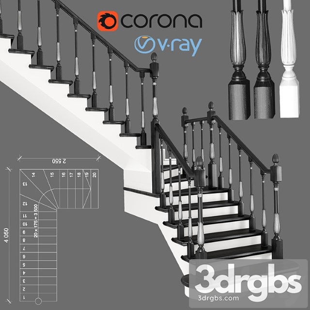 Corner staircase with zaubezhnymi steps 3 colors 3dsmax Download - thumbnail 1