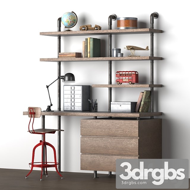 Industrial pipe single desk & shelving with drawers 2 3dsmax Download - thumbnail 1