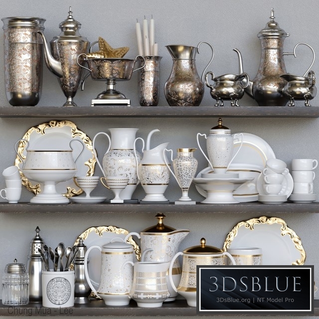 Classic crockery set with porcelain and gold leaf 3DS Max - thumbnail 3
