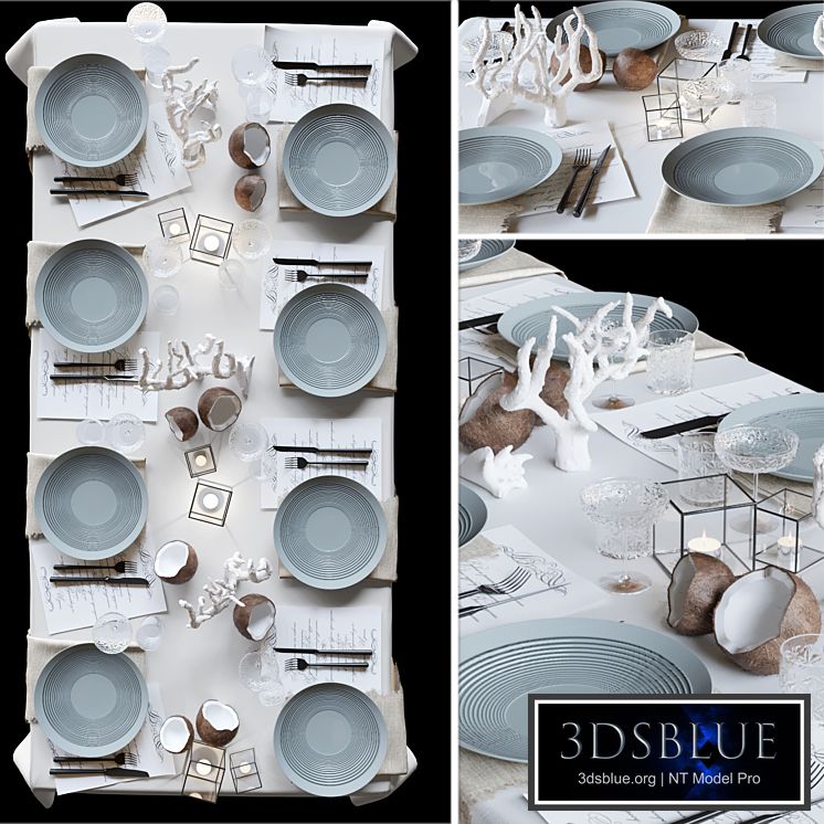Table setting with collectible crockery candles and marine-style corals 3DS Max - thumbnail 3