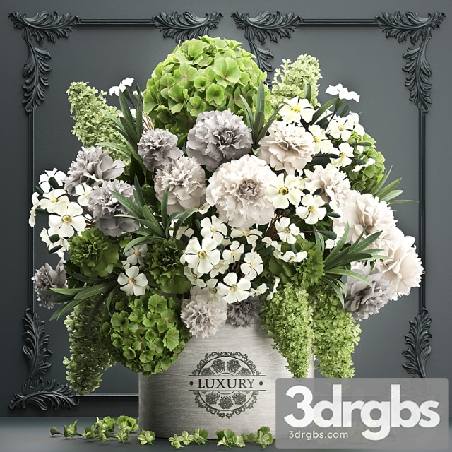 A beautiful lush modern bouquet of white green flowers in a luxury vase with a molded frame hydrangea lilac peonies oleander set 90 3dsmax Download - thumbnail 1