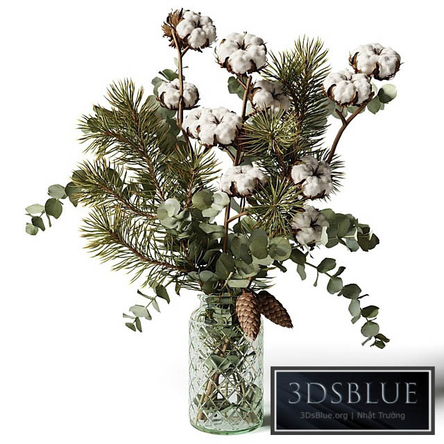 Bouquet of eucalyptus pine and cotton in a glass vase 3DS Max - thumbnail 3