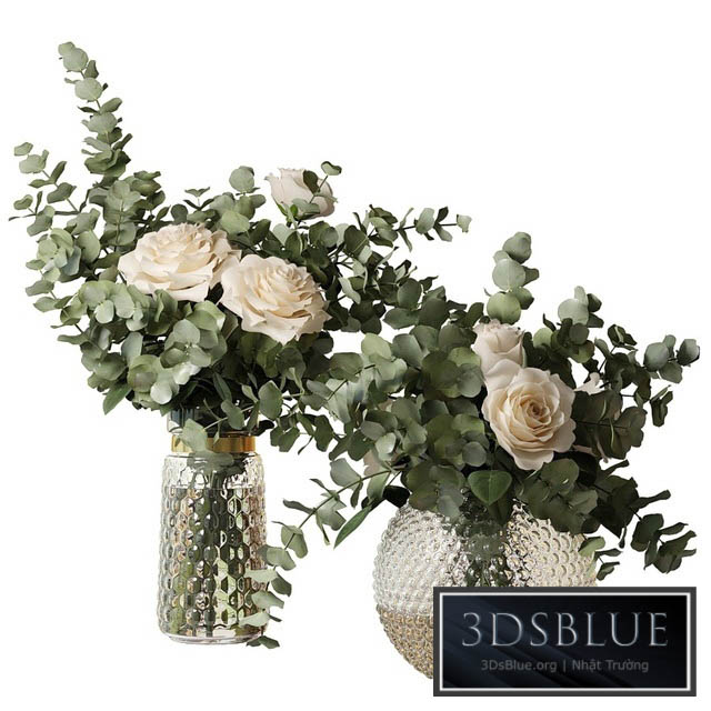 Two bouquets of roses and eucalyptus branches in glass mottled vases 3DS Max - thumbnail 3