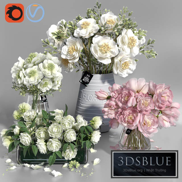 White and Pink tone Peonies cement concrete glass Vases 3DS Max - thumbnail 3