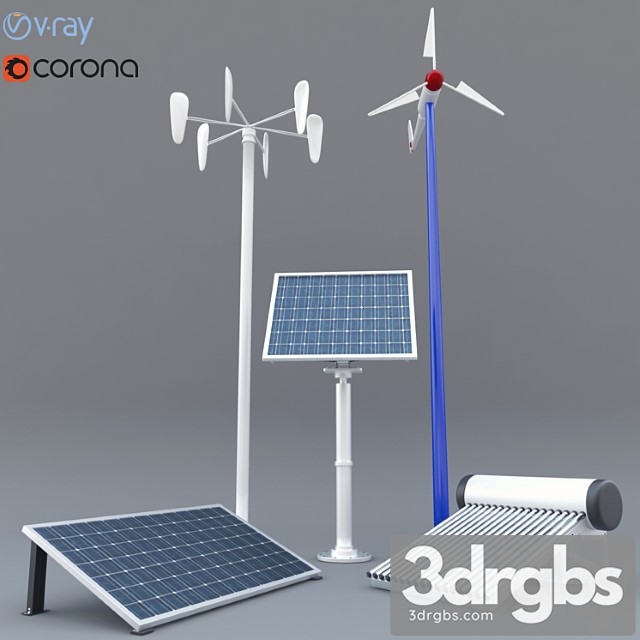 Solar Panel Solar Heater and Wind Turbine 3dsmax Download - thumbnail 1