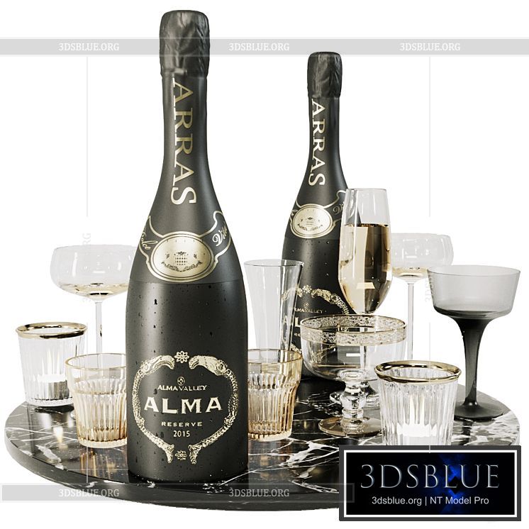 Collection of sparkling wine with crystal glasses and marble tray 3DS Max - thumbnail 3