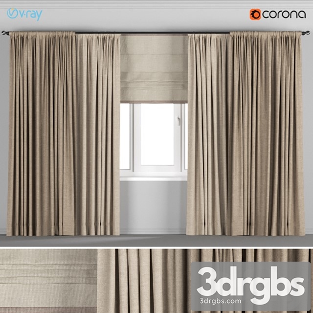 Wide light brown curtains + roman blinds. 3dsmax Download - thumbnail 1