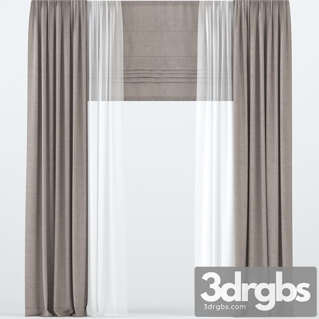 Brown straight curtains with tulle and roman. 3dsmax Download - thumbnail 1