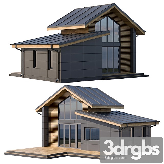 Four Houses With Facade Cladding Made Of Metal Cassettes and Wooden Battens 3dsmax Download - thumbnail 1