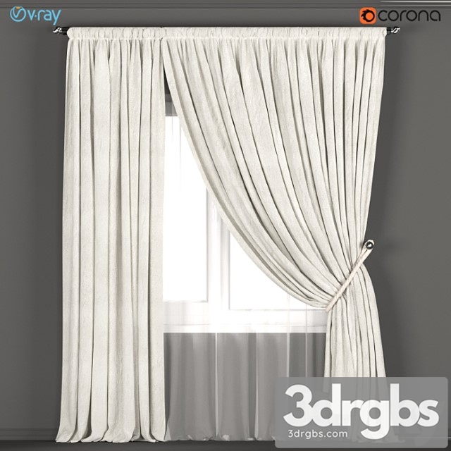 Neutral color curtains made of velvet with a garter on the rope + tulle. 3dsmax Download - thumbnail 1