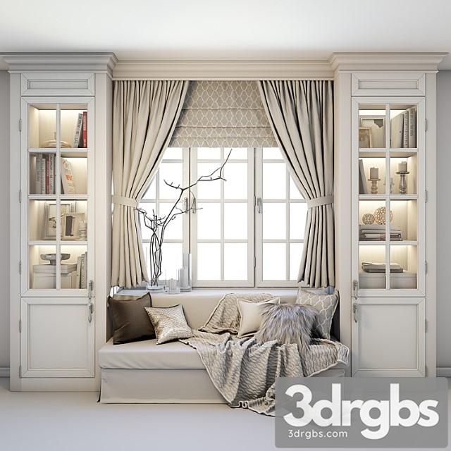 Other Soft area at the window – a sofa with pillows blankets curtains cabinets and decor. 2 3dsmax Download - thumbnail 1