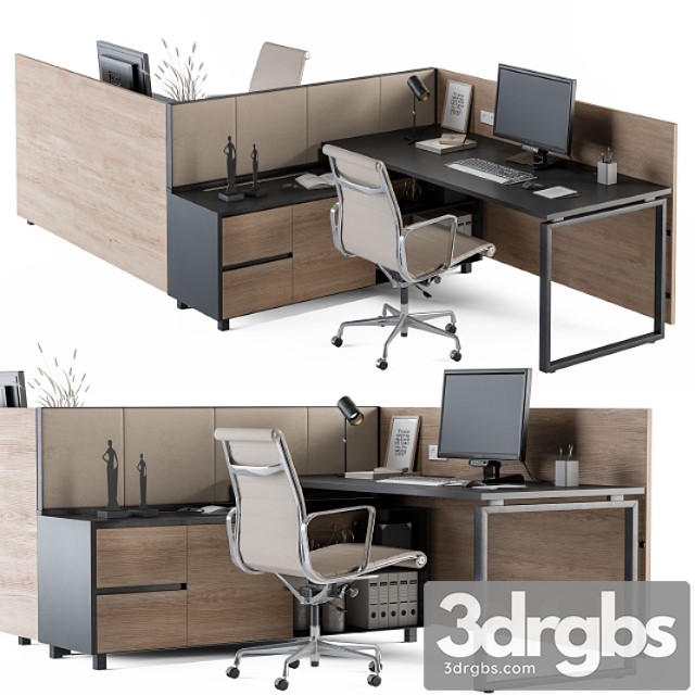 Office Desk Set Cream and Wood 3dsmax Download - thumbnail 1
