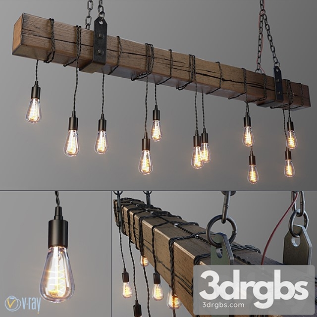 Wood beam chandelier with vintage style edison bulbs 3dsmax Download