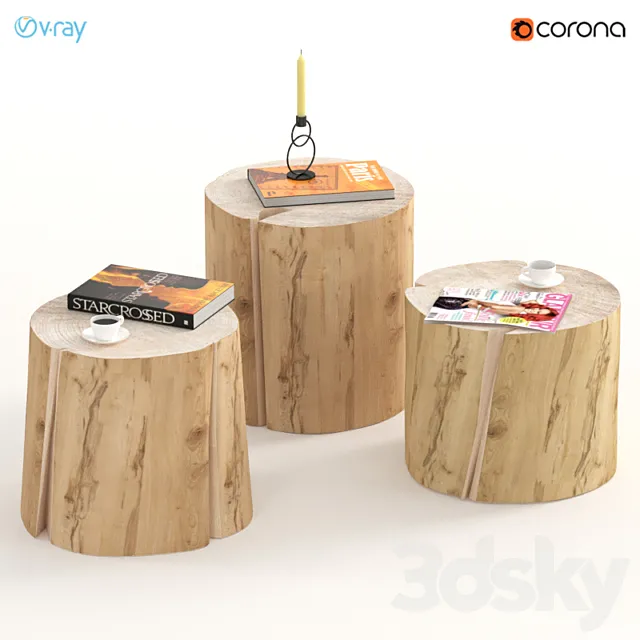 3 coffee tables of stumps with decor. 3DS Max Model