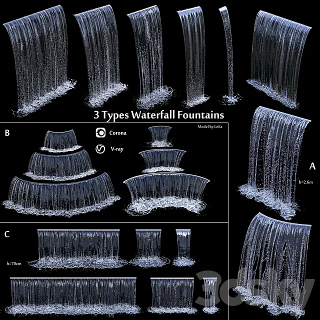 3 types of waterfall Fountains cascade in different sizes 3DS Max Model