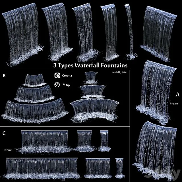 3 types of waterfall Fountains cascade in different sizes 3dsMax Model