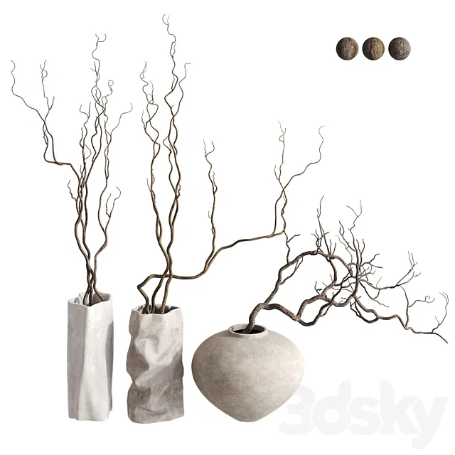 3 Vases with Branches Set 3DS Max Model