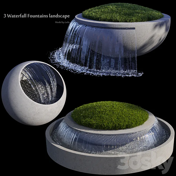 3 Waterfall Fountains Landscape 3DS Max