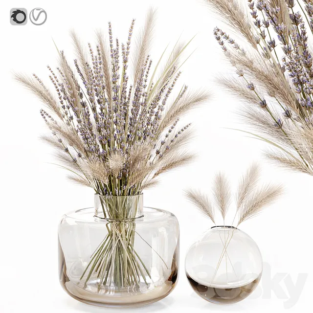 Decorative – Set – 3D Models – Dry flowers in glass vase with lavender