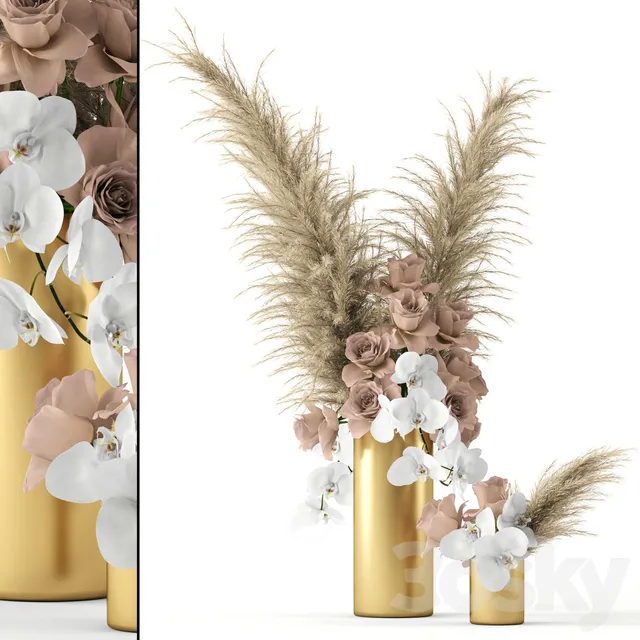 Decorative – Set – 3D Models – Pale roses and Co in brass vases