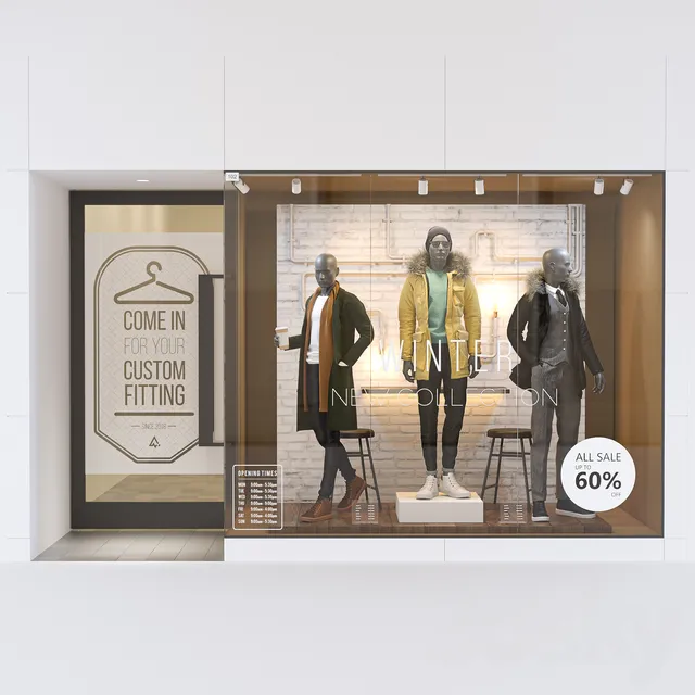 Clothes – Footware – 3D Models – Shop front with male mannequin (3ds max 2012; fbx)