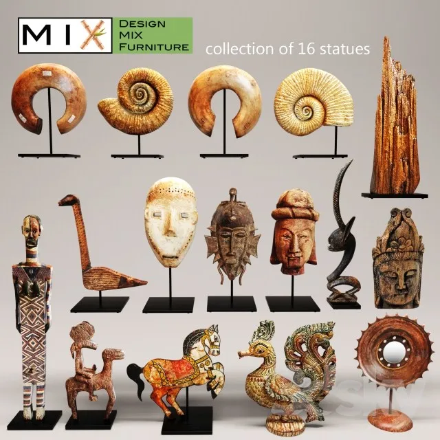 Design Mix Furniture. Collection of 16 pieces figurine wooden eco design set collection decor mega set ammonite shell fossil figurine decor mask 3DS Max - thumbnail 3