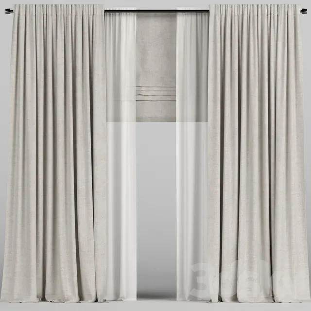 Curtain – 3D Models – Beige curtains with tulle and roman blinds (Vray; Corona)