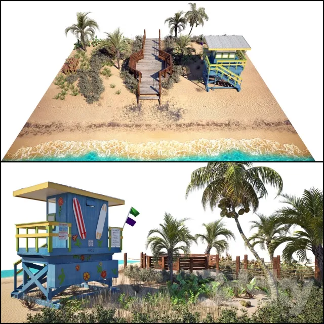 Ocean Beach set and Miami Lifeguard Hut 3DS Max - thumbnail 3