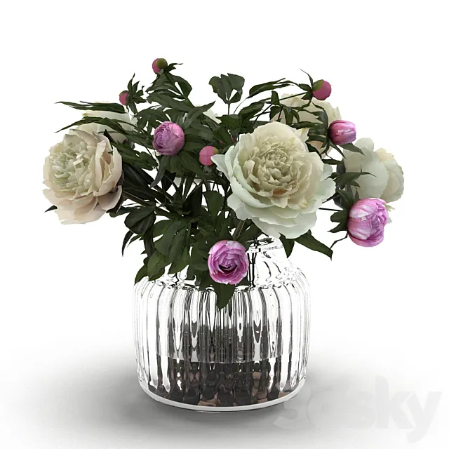 Cream Peonies in ribbed glass vase 3DS Max - thumbnail 3
