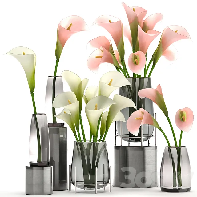 A set of bouquets of white and pink flowers in a glass vase of Calla sadovaya. 114. 3DS Max - thumbnail 3