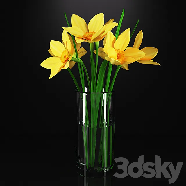 Daffodils in a glass vase 3DS Max - thumbnail 3
