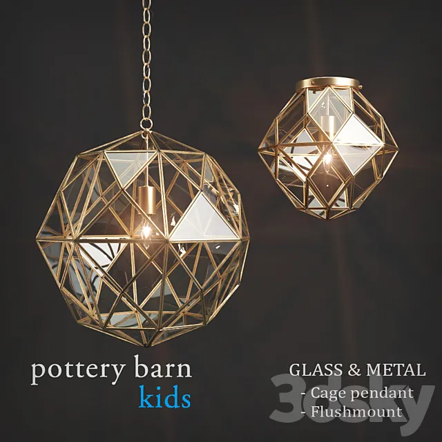Fixtures Pottery Barn Kids Glass & Metal Cage Pendant \/ Flushmount 3DS Max - thumbnail 3