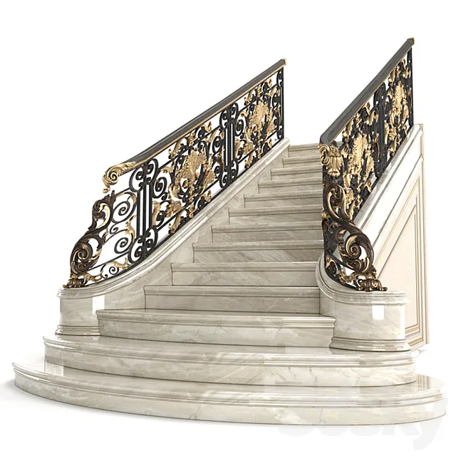 Staircase – 3D Models – Beige marble staircase with wrought iron railing