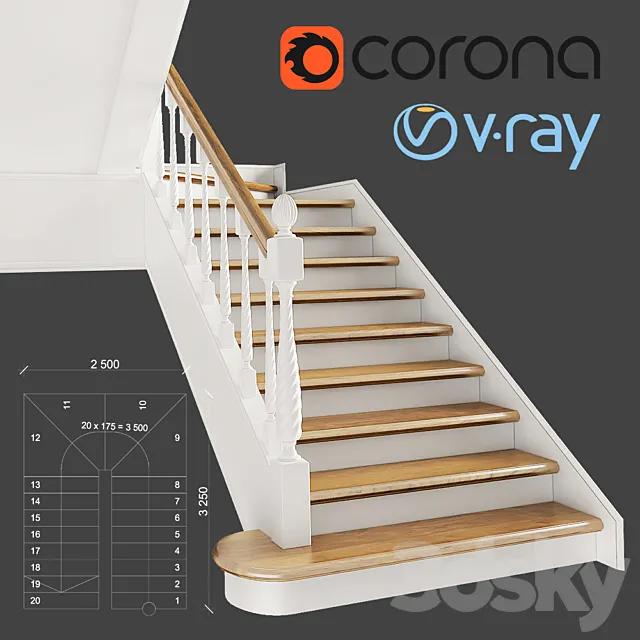 Staircase – 3D Models – Classic two-march staircase with staggered steps