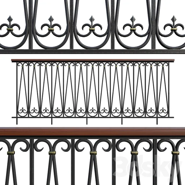 Staircase – 3D Models – Forged railing with a wooden handrail