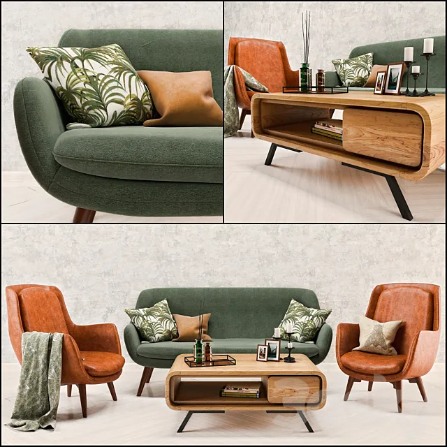 Furniture – Sofa 3D Models – Mid Century Sofa and Chair set