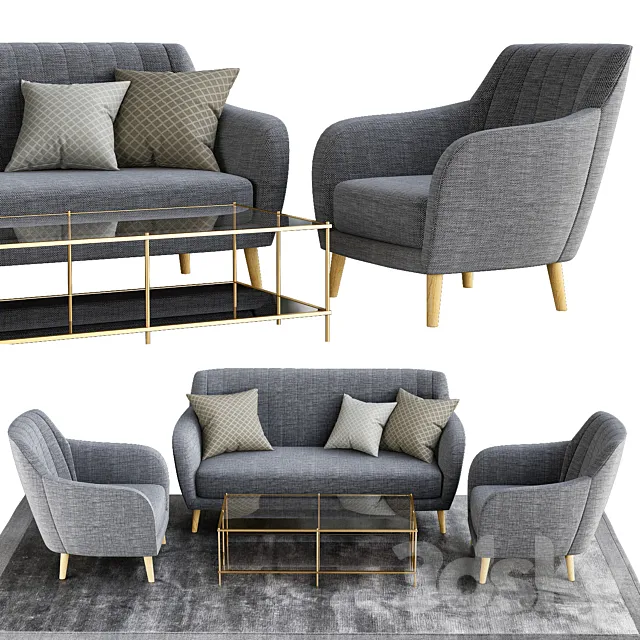 Furniture – Sofa 3D Models – Sillon and sofa retro tela gris patas madera