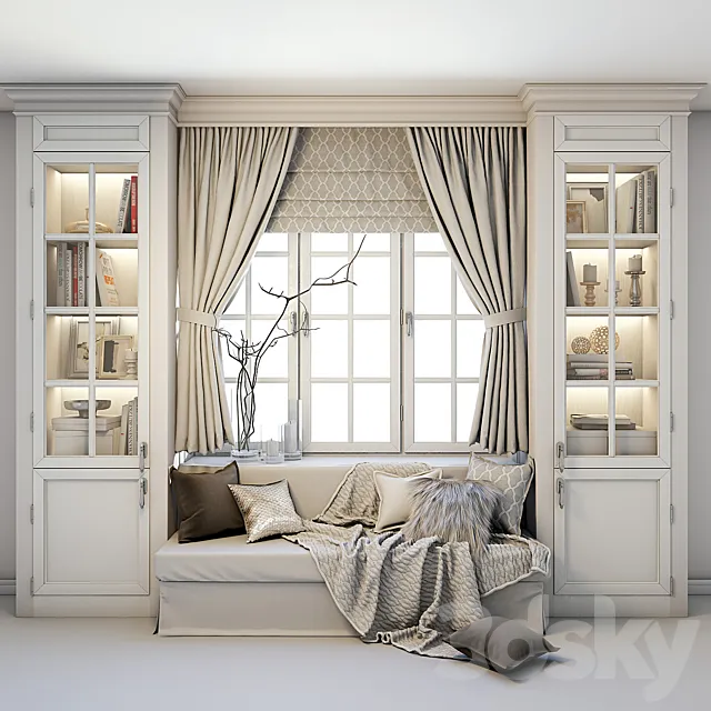 Furniture – Sofa 3D Models – Soft area at the window – a sofa with pillows; blankets; curtains; cabinets and decor.