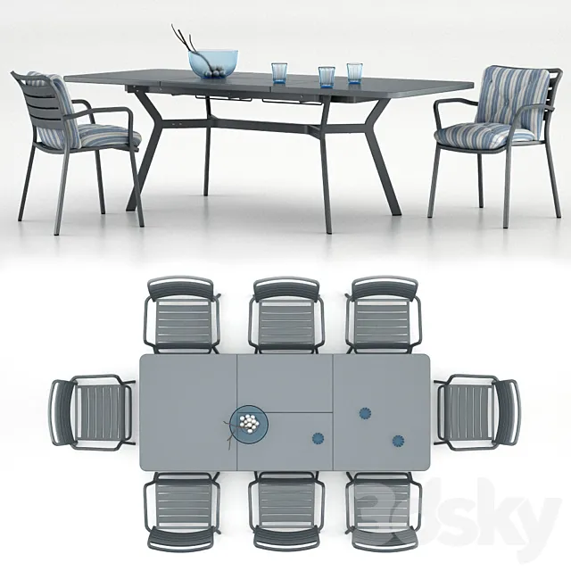 Table Ethimo Ocean rectangular table with a chair Ocean dining chair with accessories 3DS Max - thumbnail 3