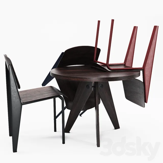 Furniture – Table and Chairs (Set) – 3D Models – Jean Prouve Gueridon Models Sets