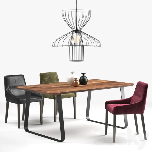 Furniture – Table and Chairs (Set) – 3D Models – Ligne Roset long island chair; vilna table; parachute lamp